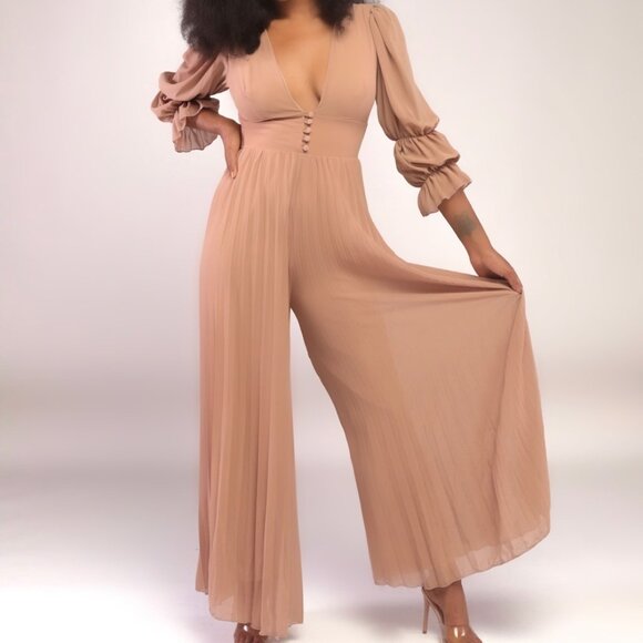 Glamour Long Sleeve Pleated Jumpsuit - Picture 3 of 5